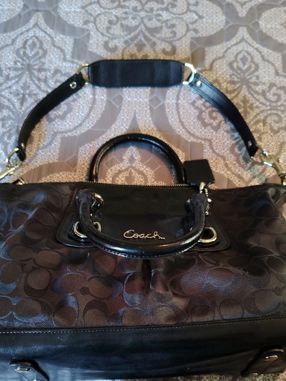 Coach Black Signature Pattern with Patent Trim And Silver Hardware - Picture 3 of 8